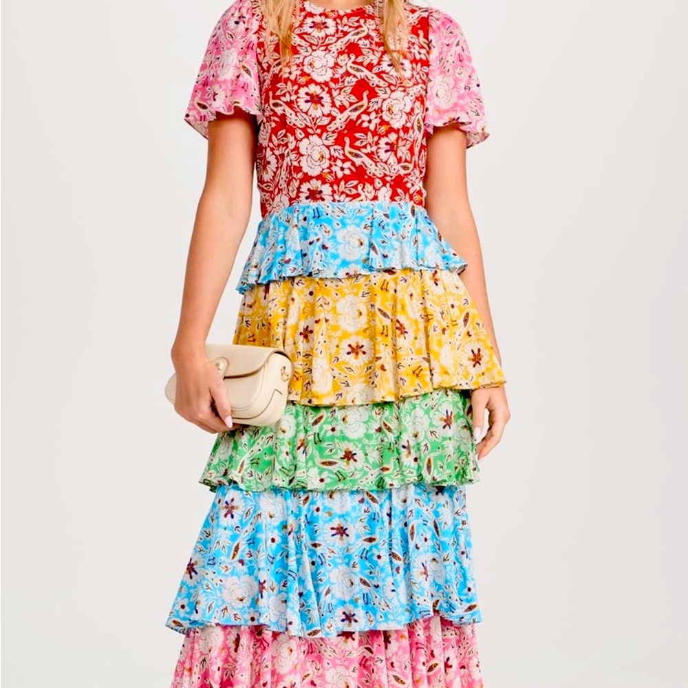 RHODE Multi-Tier Floral Ruffle Maxi Skirt in Blue, Yellow, Green, Pink